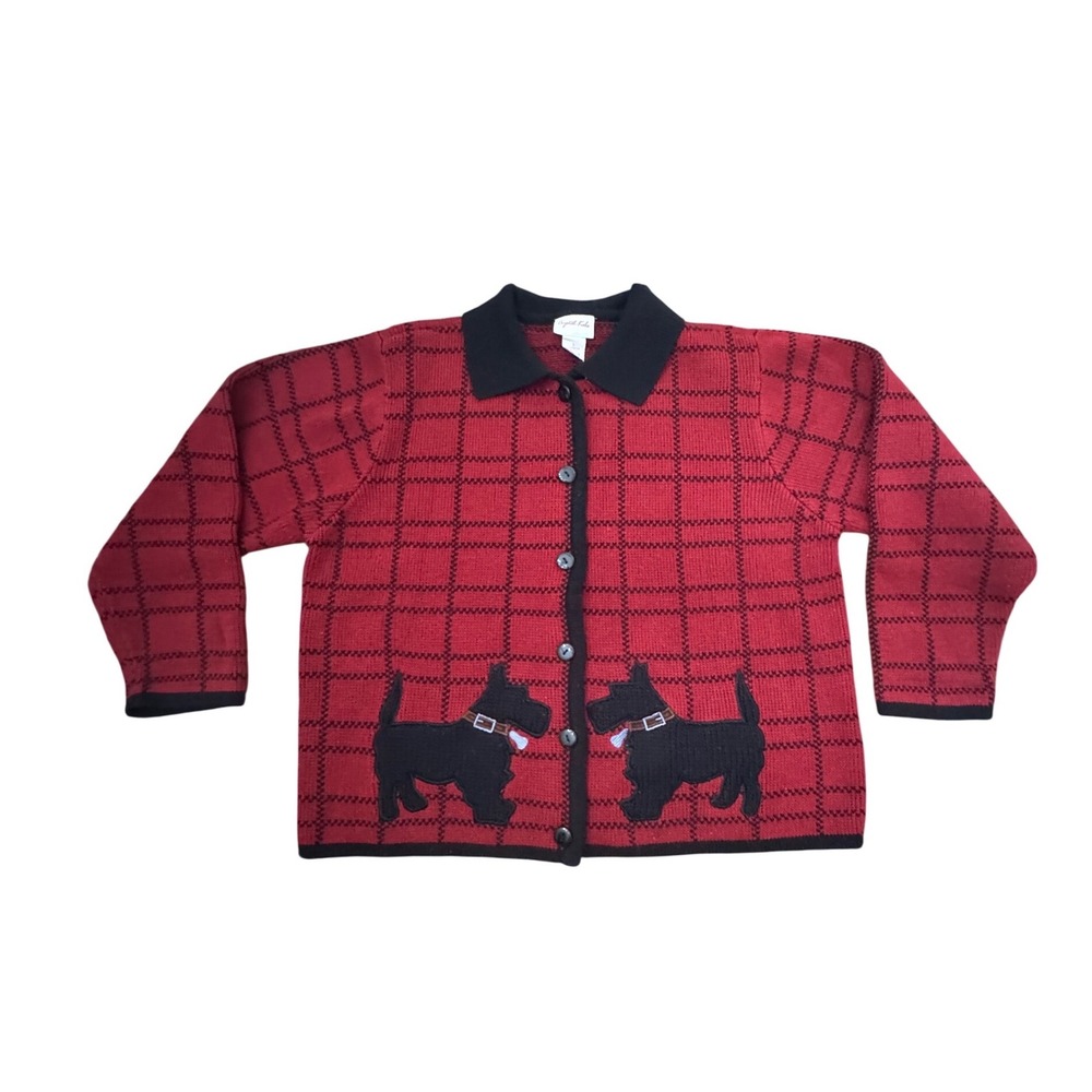 Crystal‎ Kobe Womens Red Black Scottie Dog Windowpane Plaid Cardigan Sweater L